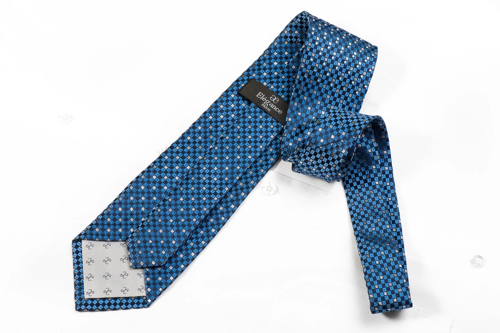 Elegance Men's Crystal Rhinestone Silk Tie Blue Silver Checkered with Silver Sparkles