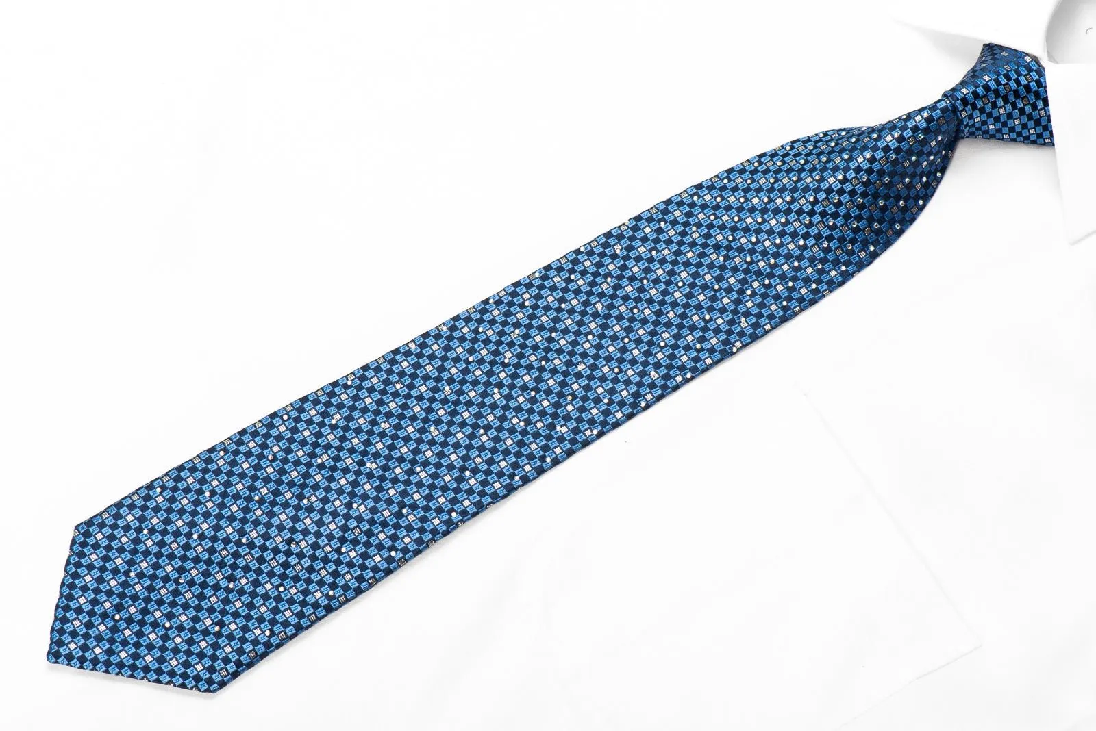 Elegance Men's Crystal Rhinestone Silk Tie Blue Silver Checkered with Silver Sparkles