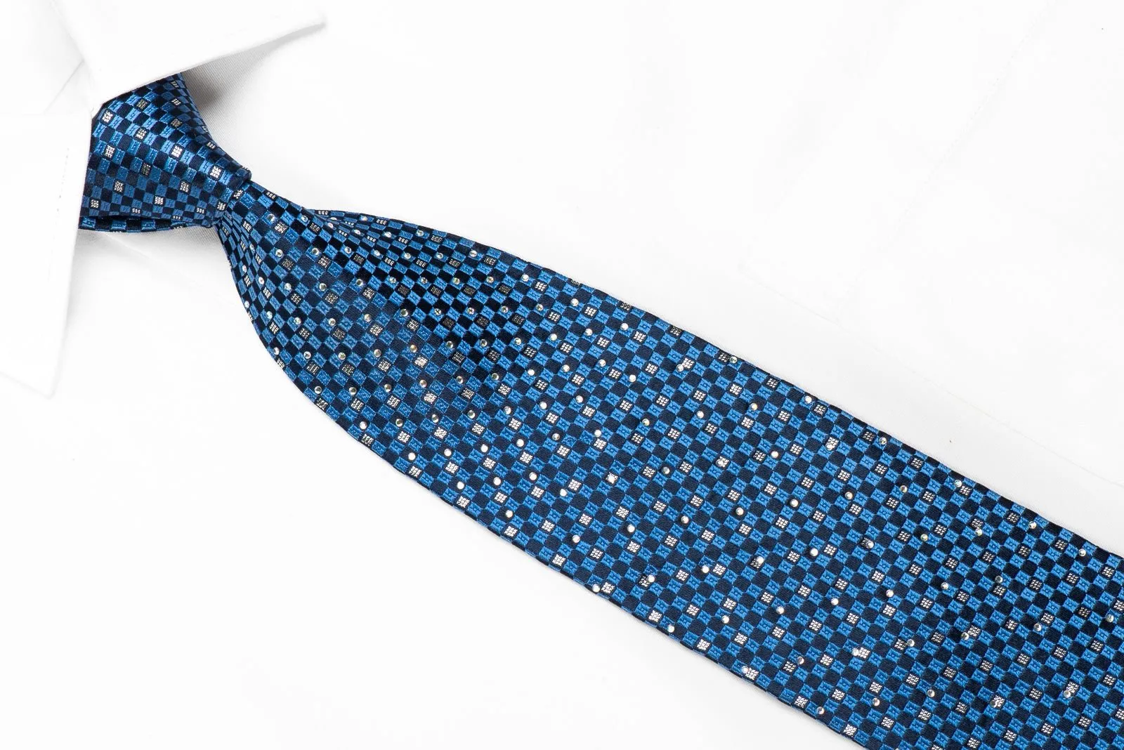 Elegance Men's Crystal Rhinestone Silk Tie Blue Silver Checkered with Silver Sparkles