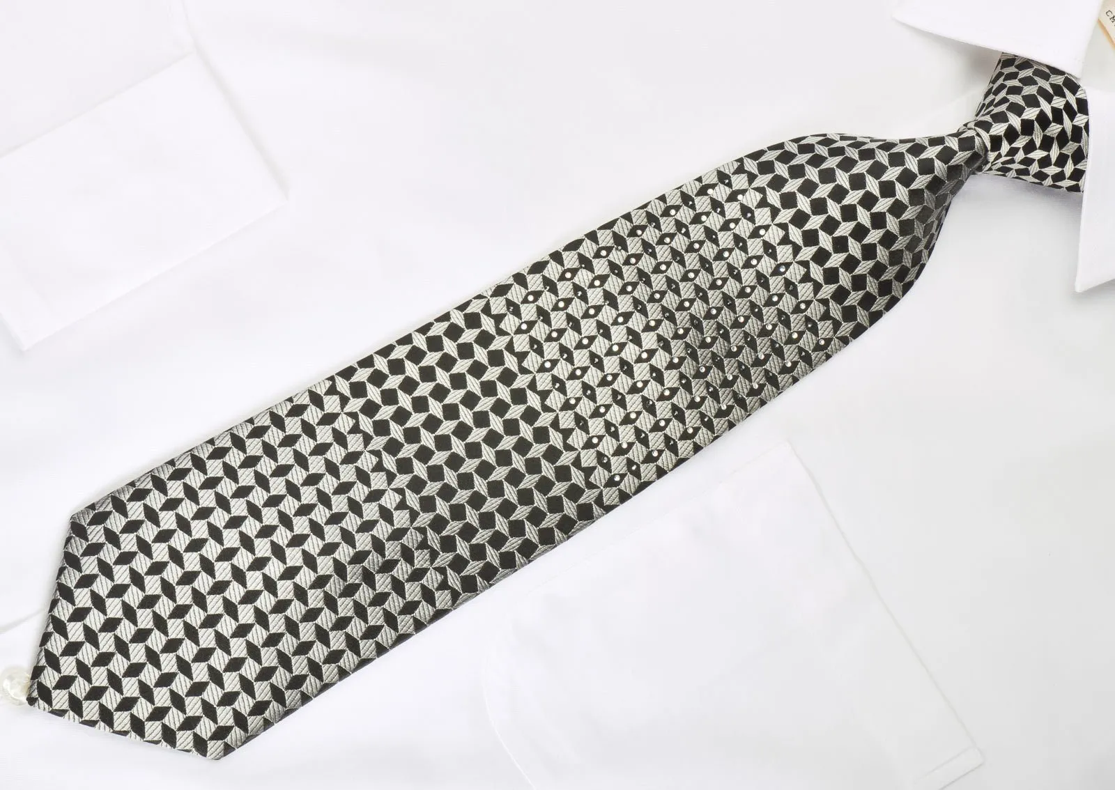 Elegance Rhinestone Silk Necktie Silver Geometric On Black With Silver Sparkles