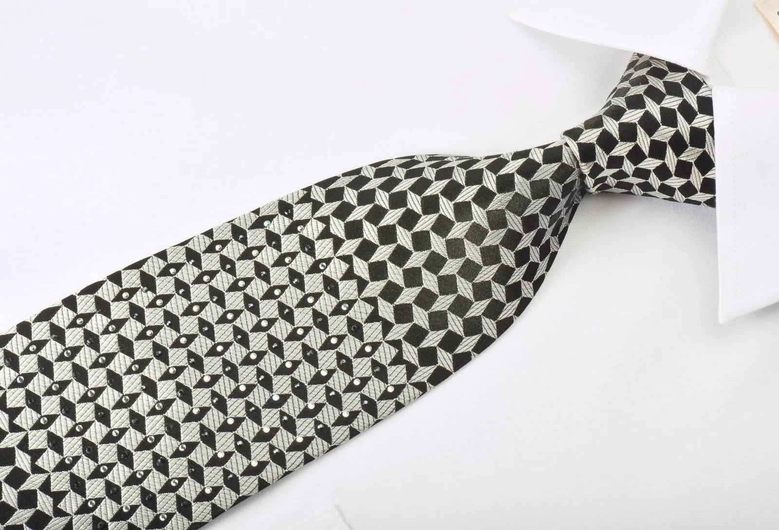 Elegance Rhinestone Silk Necktie Silver Geometric On Black With Silver Sparkles