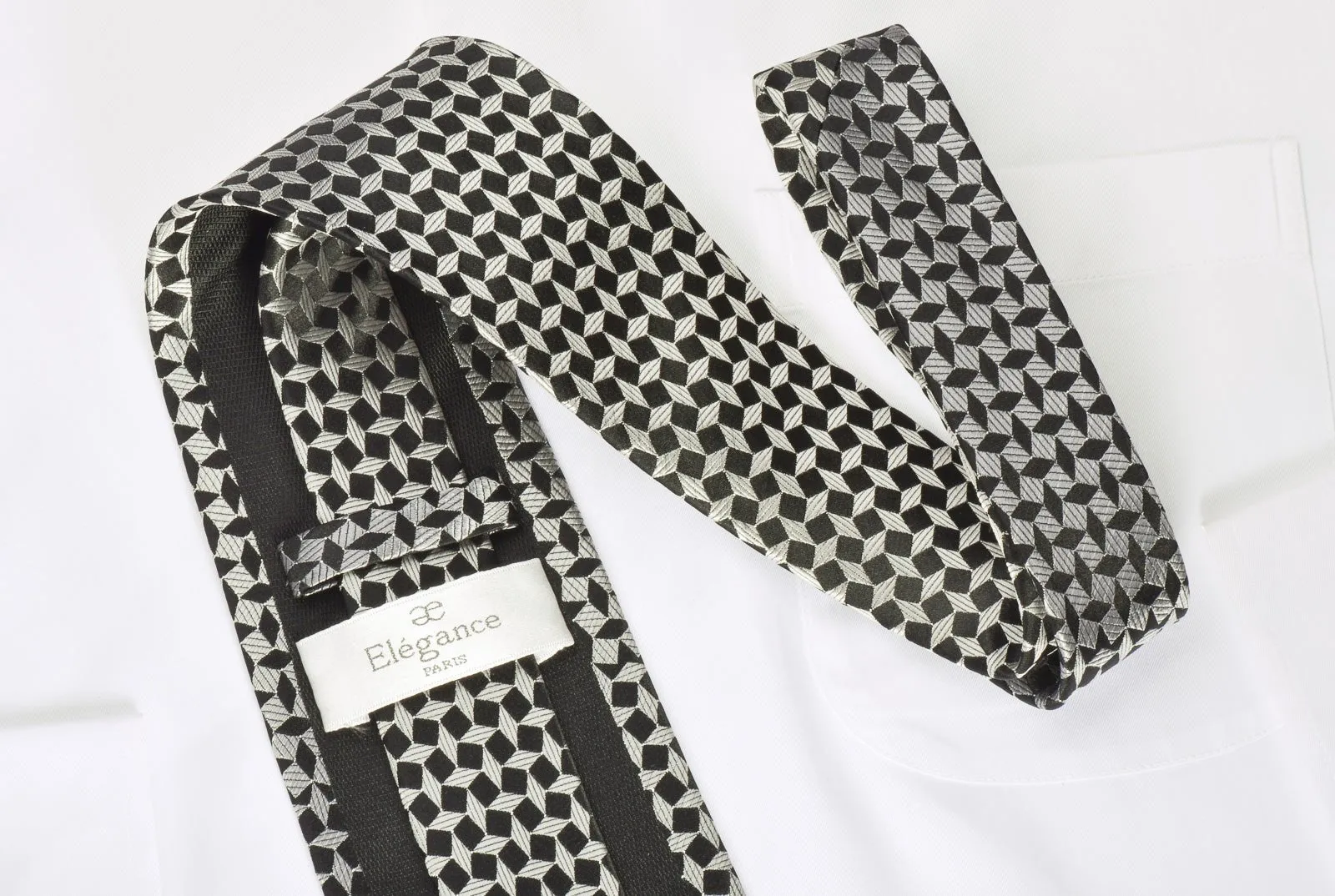 Elegance Rhinestone Silk Necktie Silver Geometric On Black With Silver Sparkles