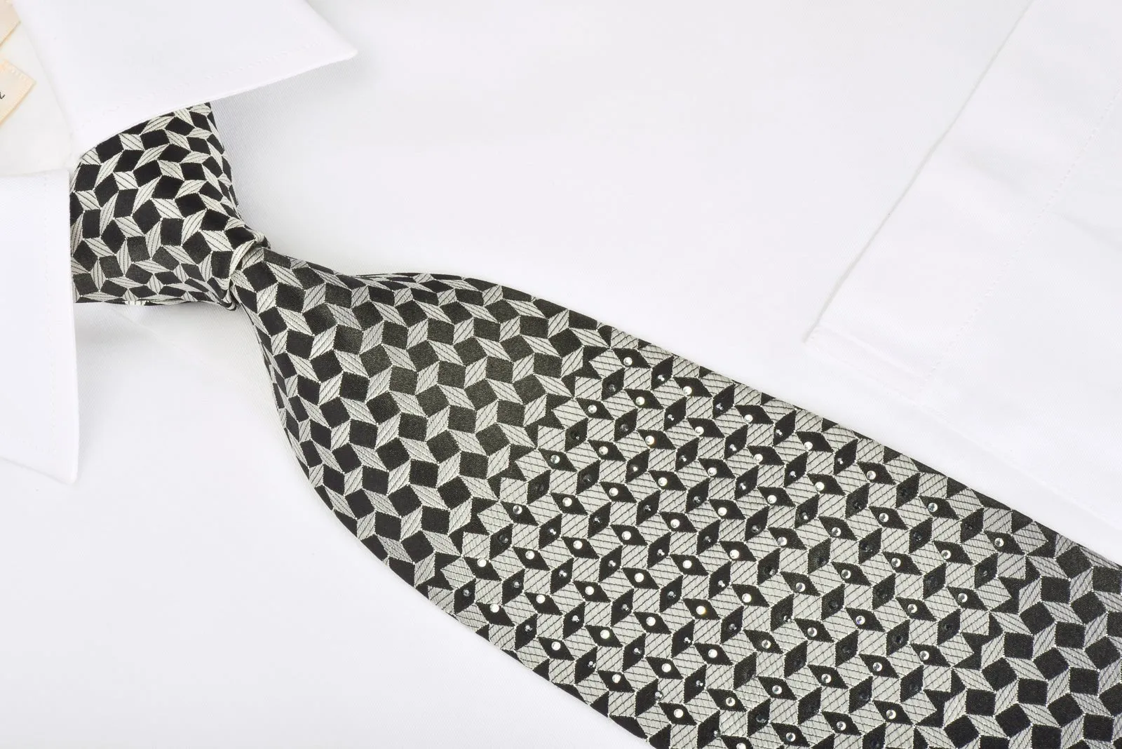 Elegance Rhinestone Silk Necktie Silver Geometric On Black With Silver Sparkles