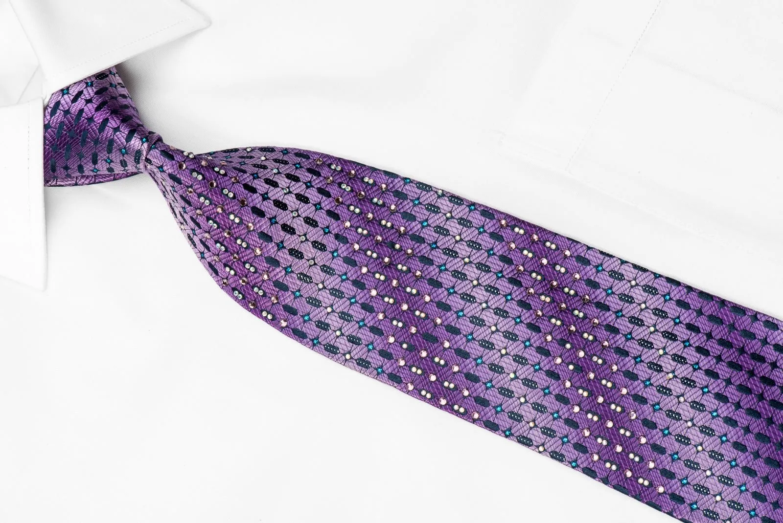 Elle Homme Men's Crystal Tie Geometric On Purple Silk With Blue Sparkles