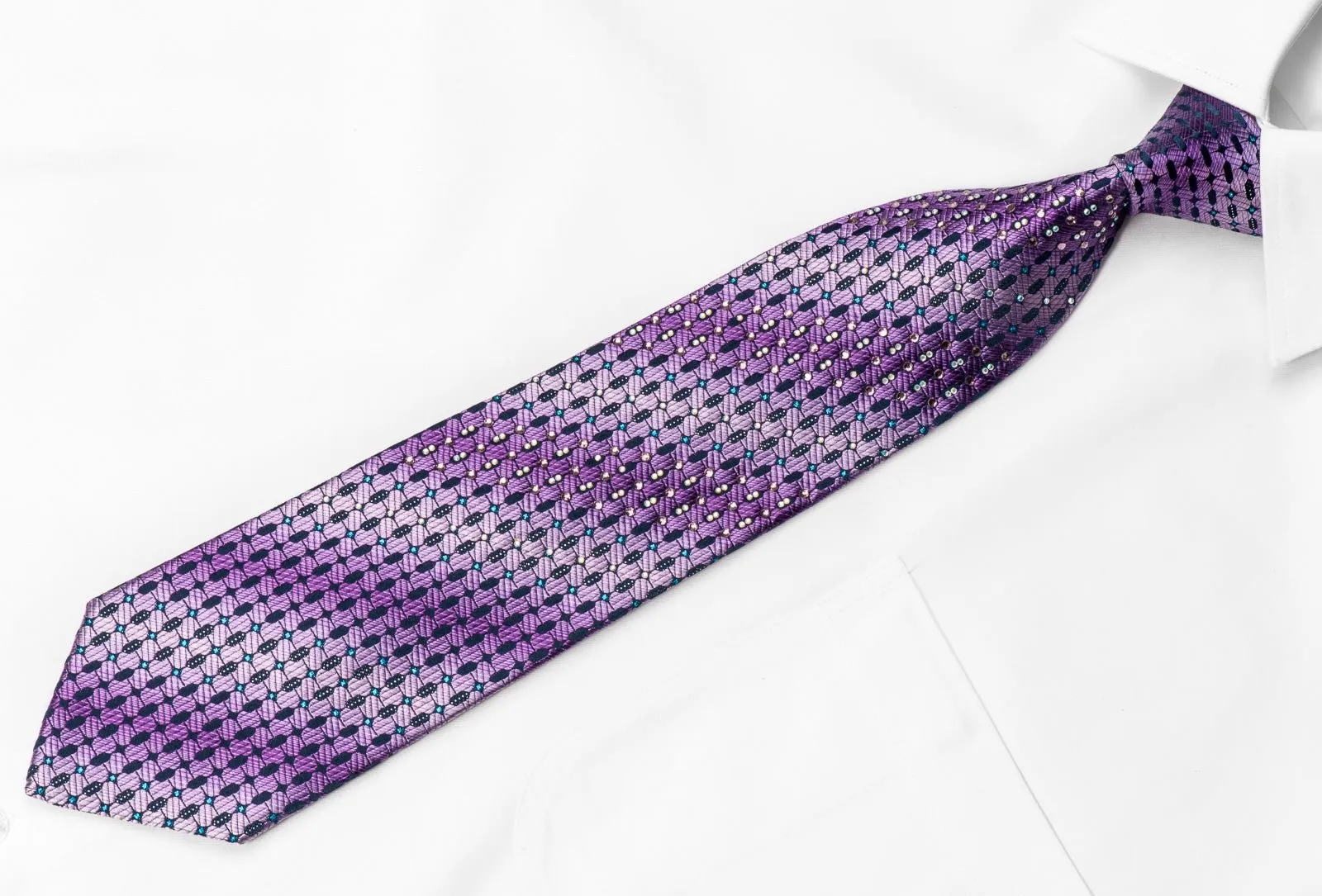 Elle Homme Men's Crystal Tie Geometric On Purple Silk With Blue Sparkles