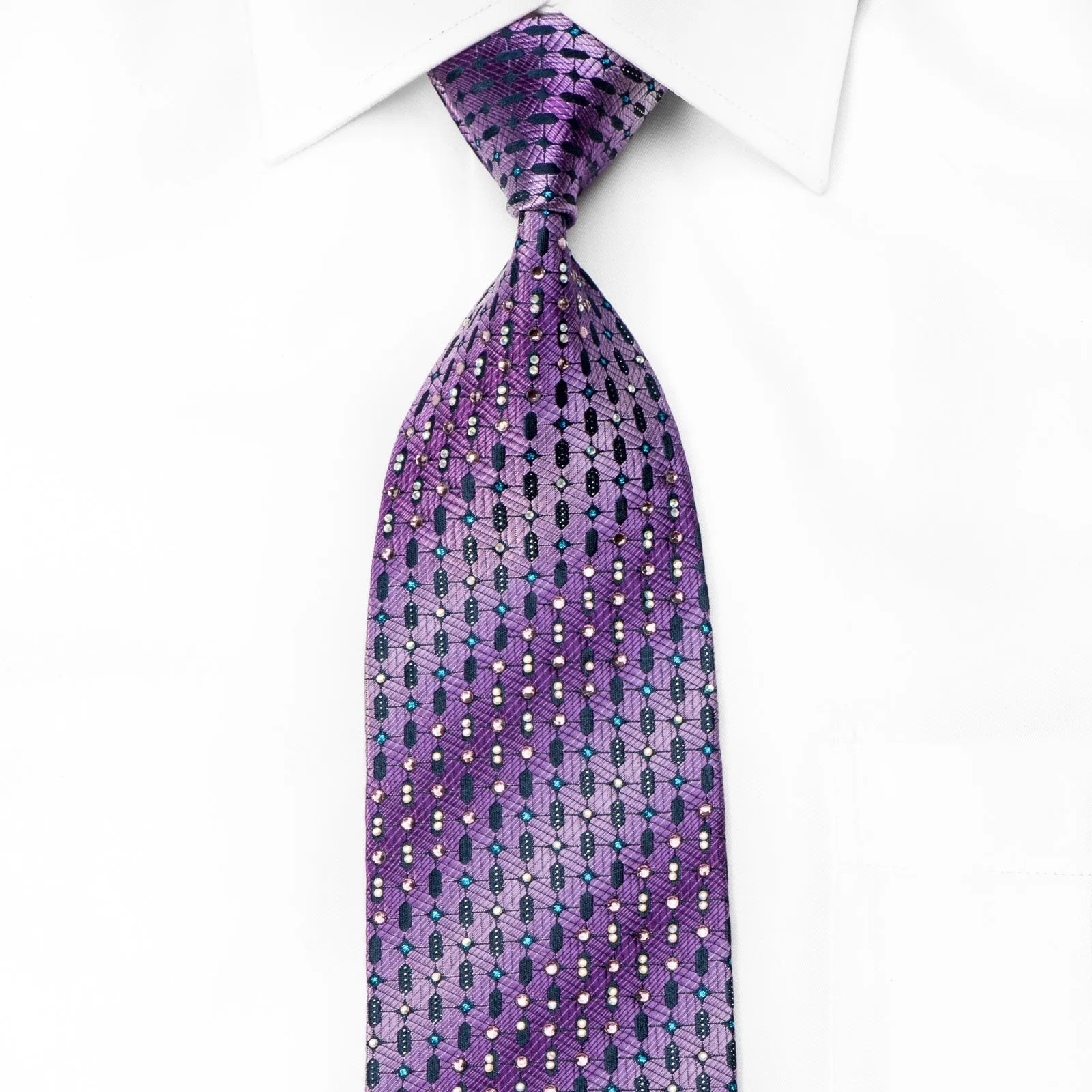 Elle Homme Men's Crystal Tie Geometric On Purple Silk With Blue Sparkles