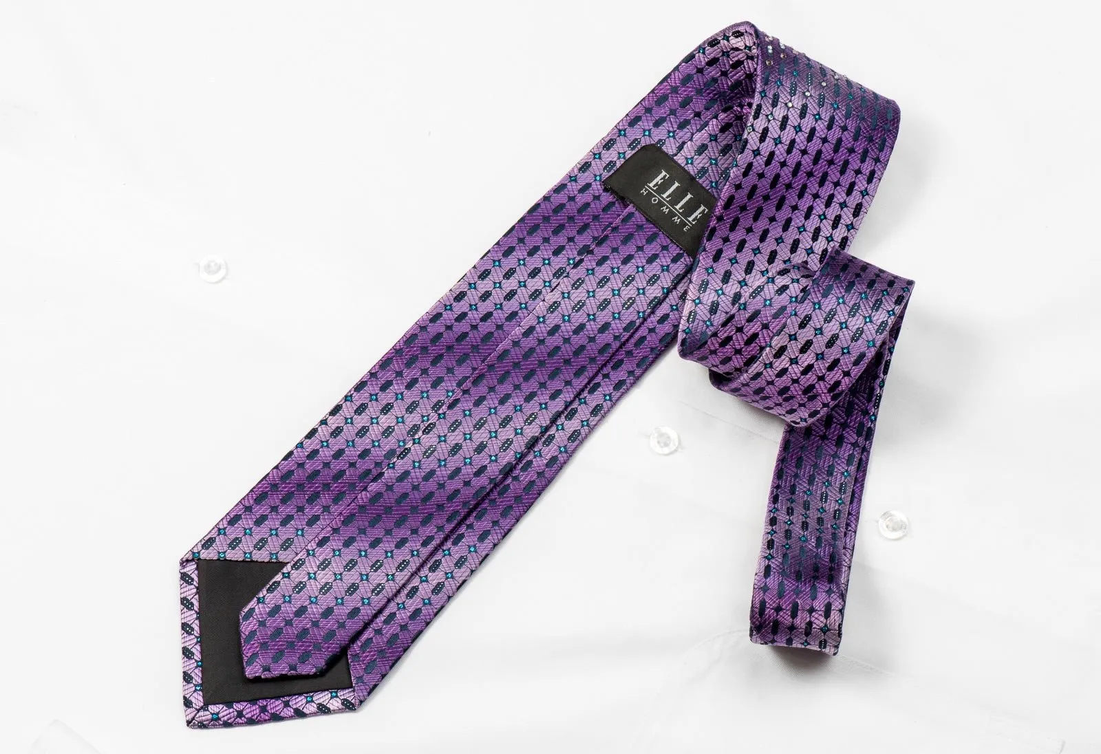 Elle Homme Men's Crystal Tie Geometric On Purple Silk With Blue Sparkles