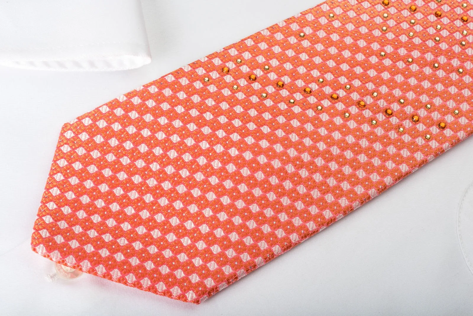 Elle Homme Rhinestone Tie Orange Checkered With Silver Sparkles