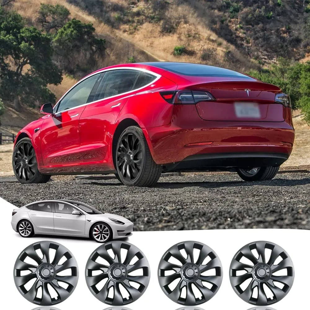 EVBASE 4PCS Tesla Model 3 Wheel Covers 18inch Model 3 Überturbine For 2017-2023 Tesla 3 18inch Turbine Wheel Cap Kit Matte Black