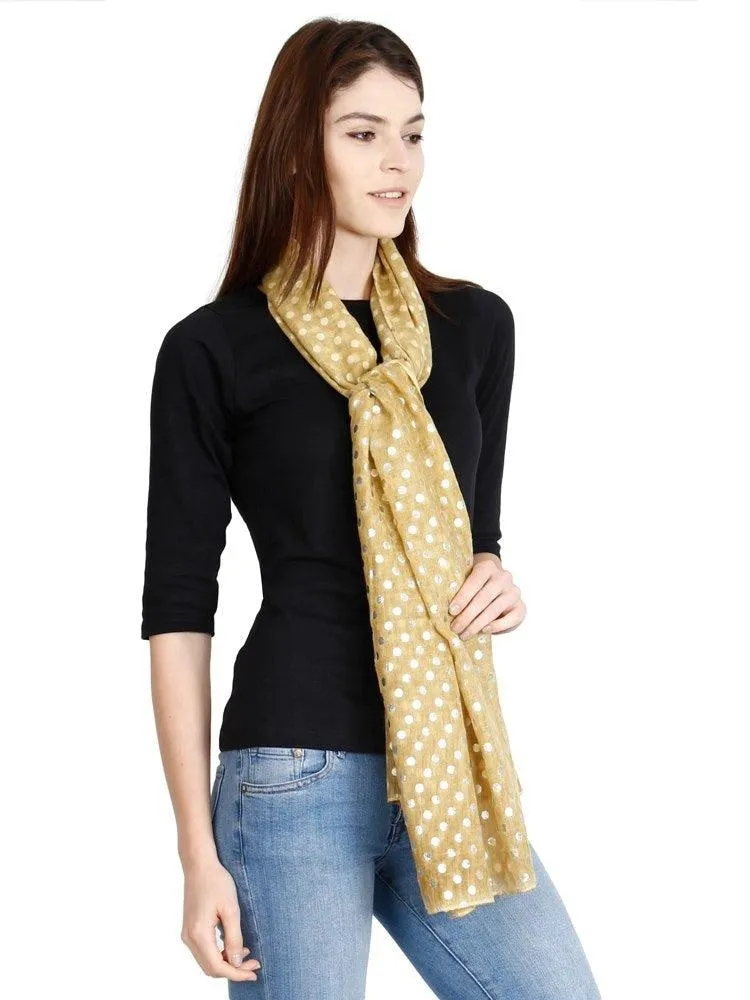 FabSeasons Casual Mustard Cotton Solid Scarf with Printed Silver Polka Dots