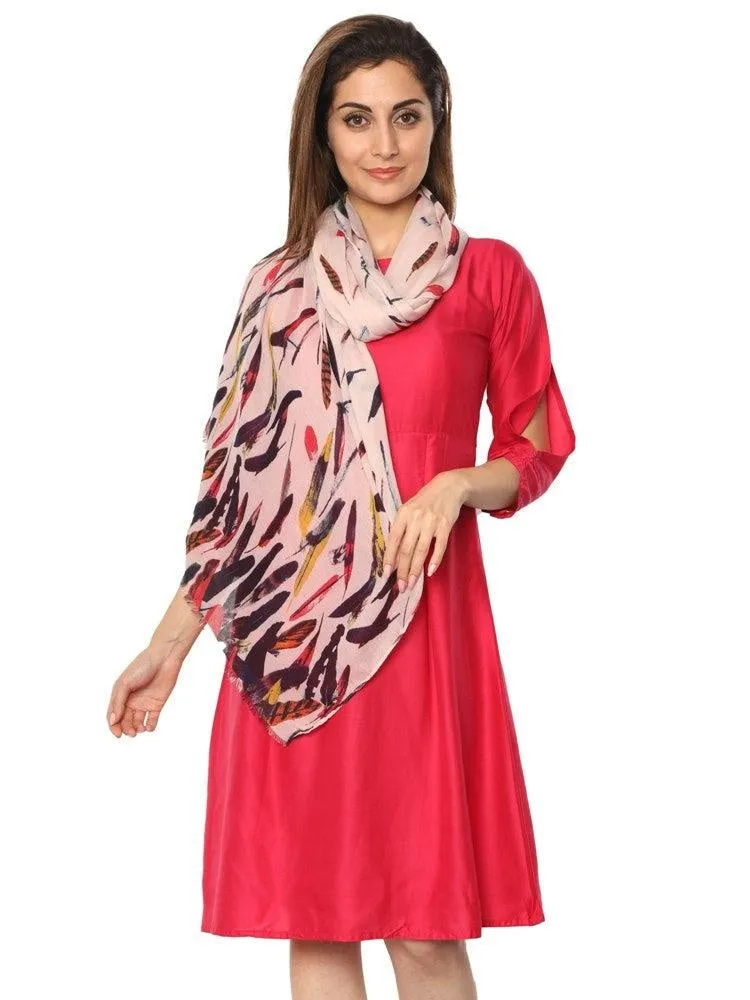 FabSeasons Pink Abstract feathers Printed Cotton Scarf