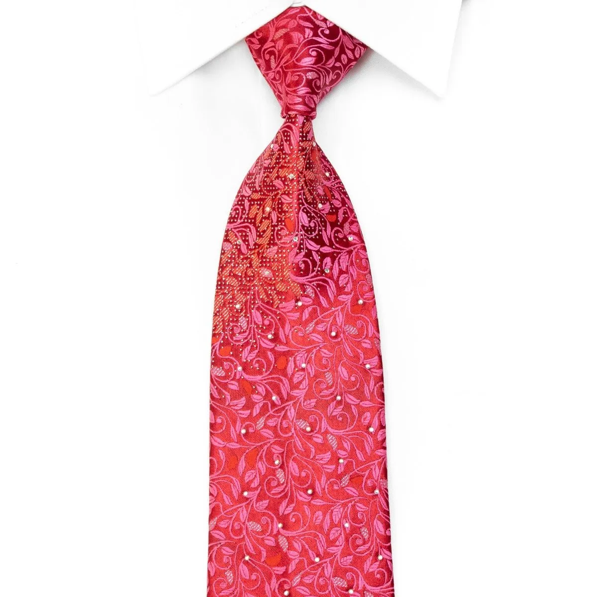 Fashion Top Men's Rhinestone Tie Floral On Red With Silver Sparkles