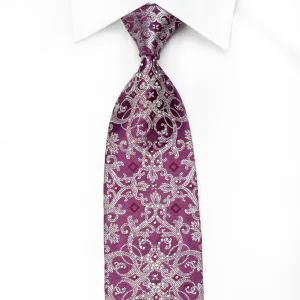 Franco Ferraro Men's Crystal Silk Tie Silver Damask On Purple With Silver Sparkles