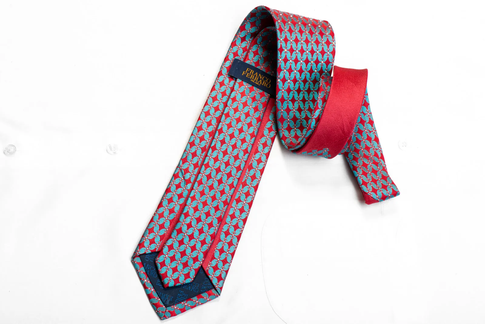 Franco Ferraro Rhinestone Silk Tie Teal Pink Geometric With Sparkles