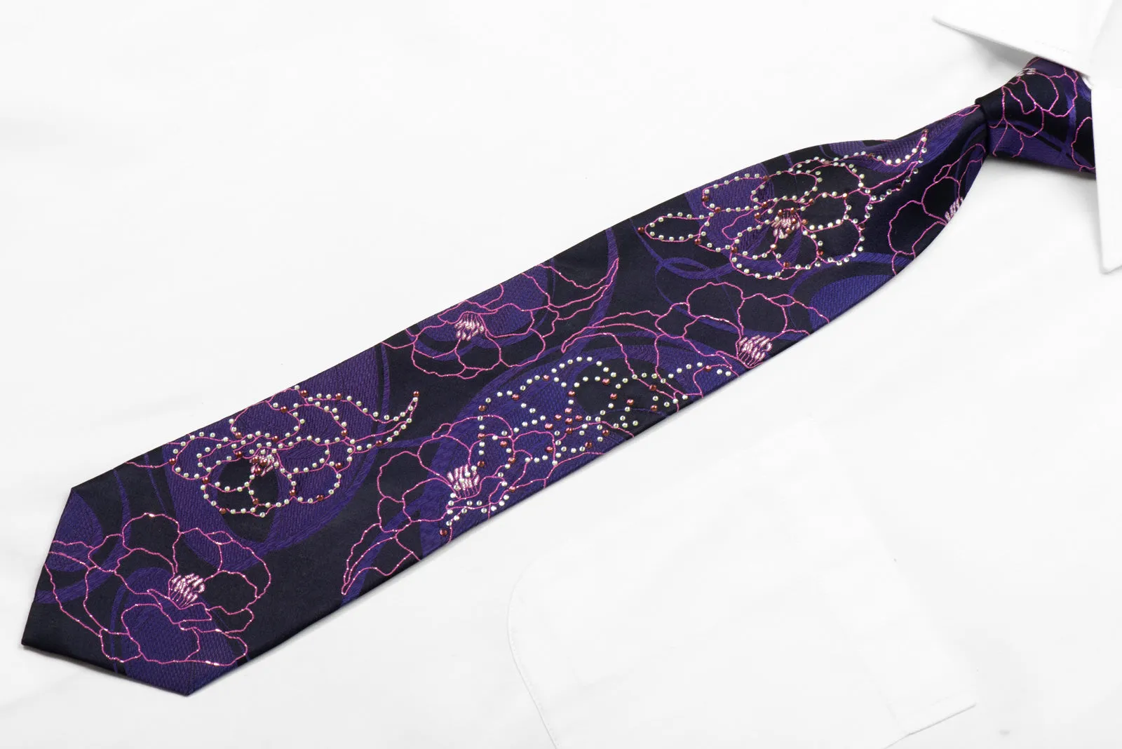 Grang Cia Rhinestone Silk Tie Pink Floral On Navy With Sparkles