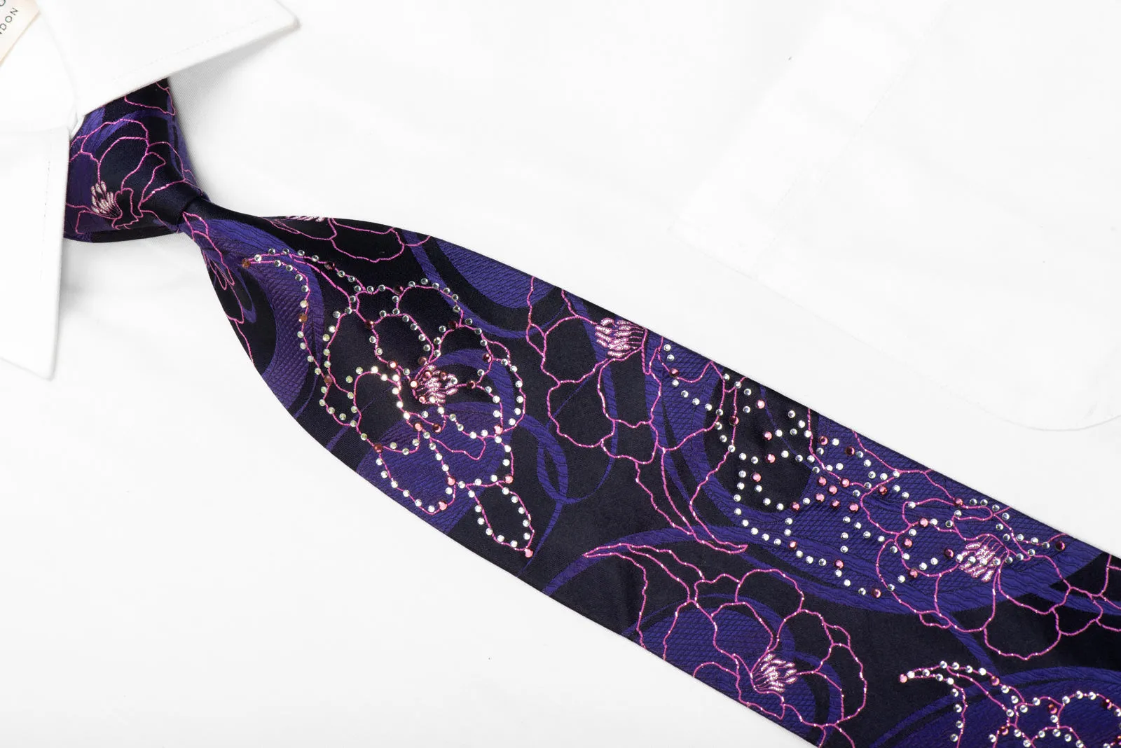 Grang Cia Rhinestone Silk Tie Pink Floral On Navy With Sparkles