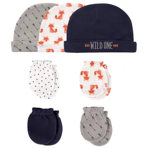 Hudson Baby Cotton Cap and Scratch Mitten Set, Foxes