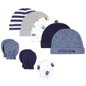 Hudson Baby Cotton Cap and Scratch Mitten Set, Space