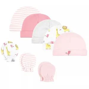 Hudson Baby Infant Girl Cotton Cap and Scratch Mitten Set, Girl Yellow Safari, 0-6 Months