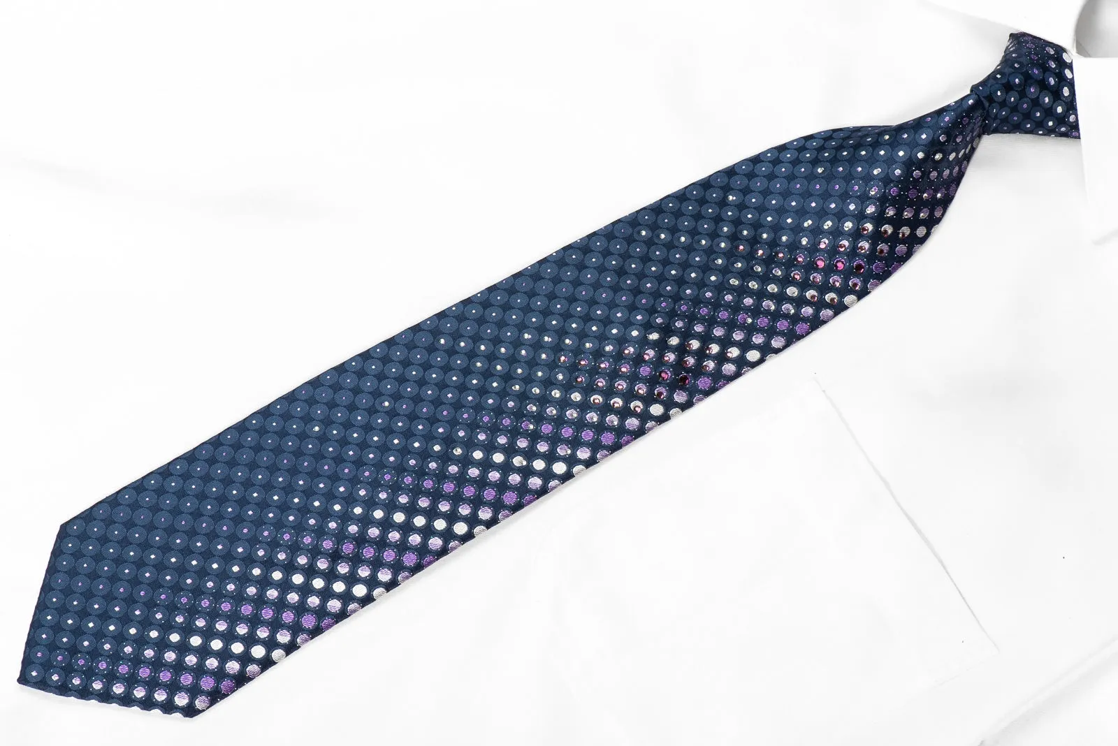 Indian Homme Men's Crystal Silk Necktie Geometric Dots On Navy With Silver Sparkles