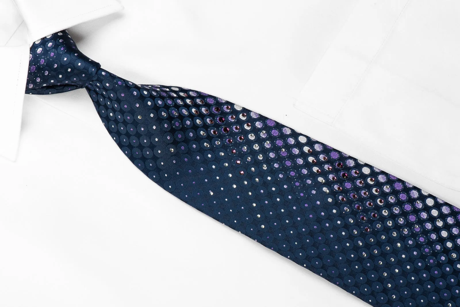 Indian Homme Men's Crystal Silk Necktie Geometric Dots On Navy With Silver Sparkles