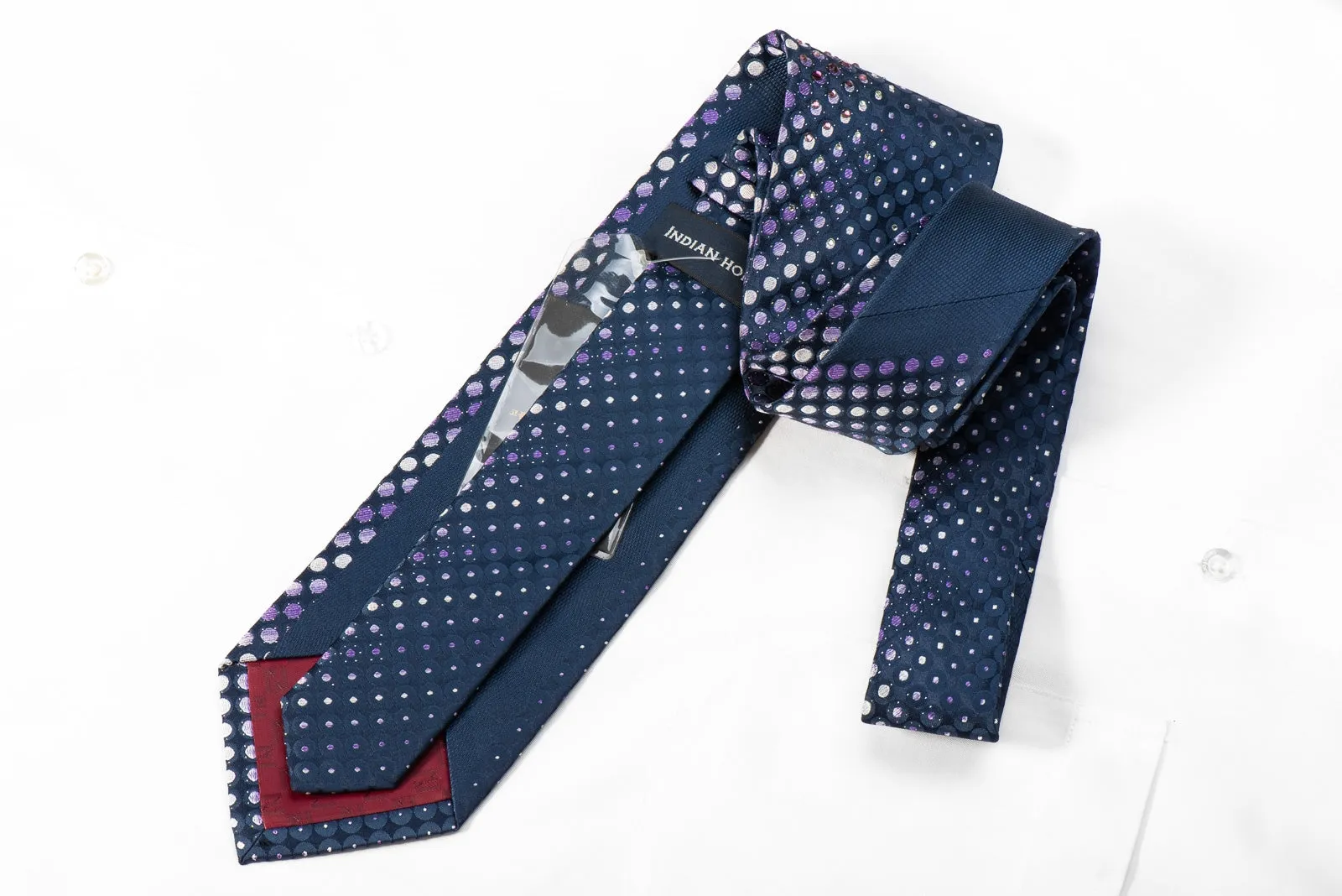 Indian Homme Men's Crystal Silk Necktie Geometric Dots On Navy With Silver Sparkles