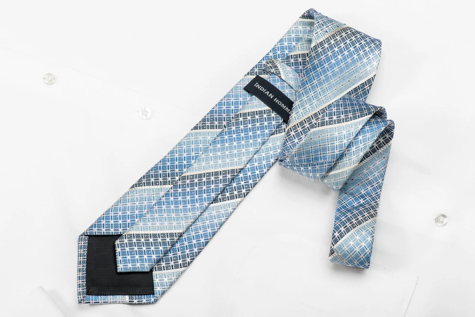 Indian Homme Men's Crystal Silk Necktie Silver Stripes & Trellis On Pale Blue With Sparkles