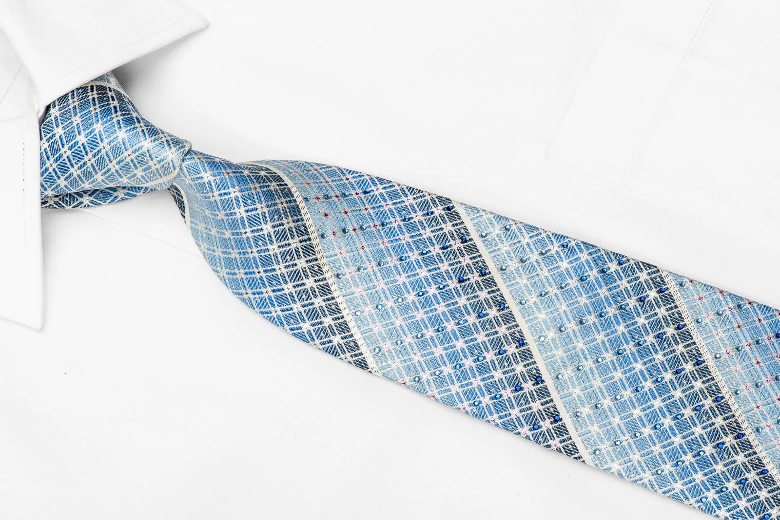 Indian Homme Men's Crystal Silk Necktie Silver Stripes & Trellis On Pale Blue With Sparkles