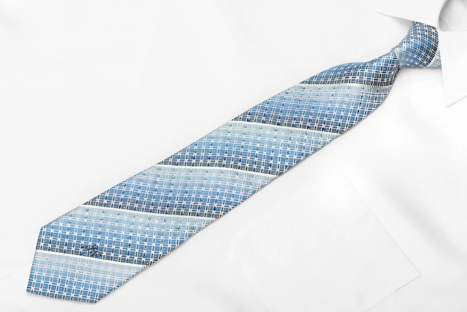 Indian Homme Men's Crystal Silk Necktie Silver Stripes & Trellis On Pale Blue With Sparkles