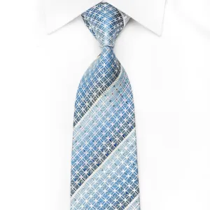 Indian Homme Men's Crystal Silk Necktie Silver Stripes & Trellis On Pale Blue With Sparkles