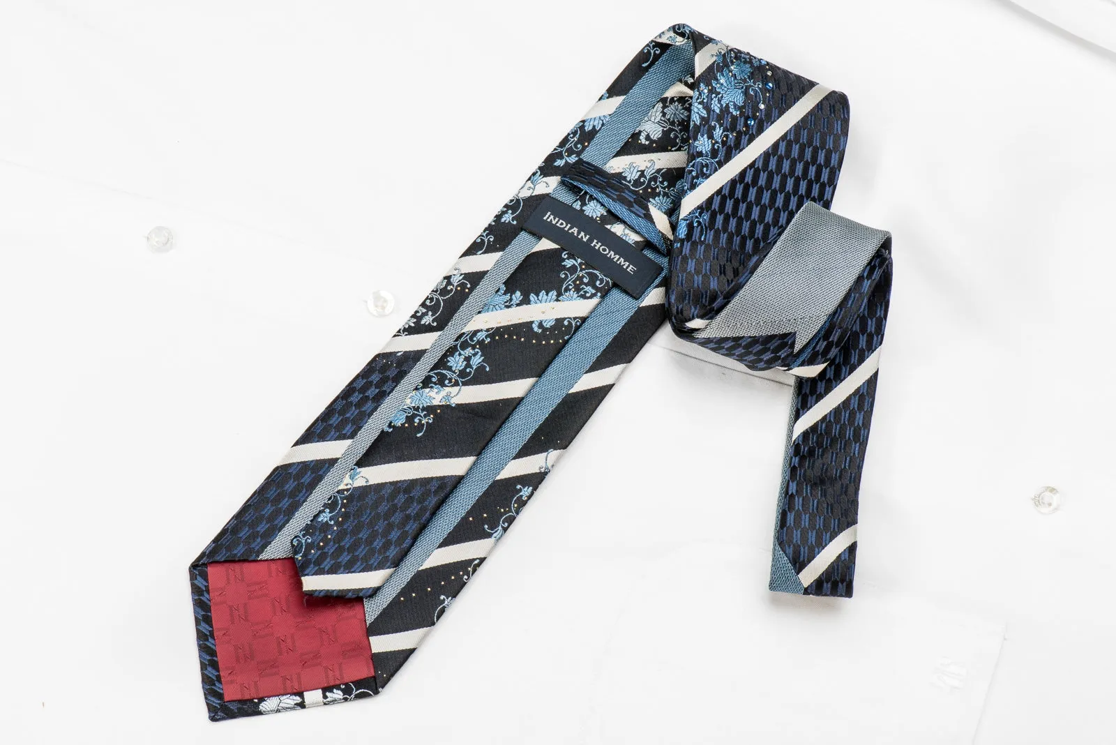 Indian Homme Men's Crystal Silk Tie Silver Striped Floral On Navy With Sparkles