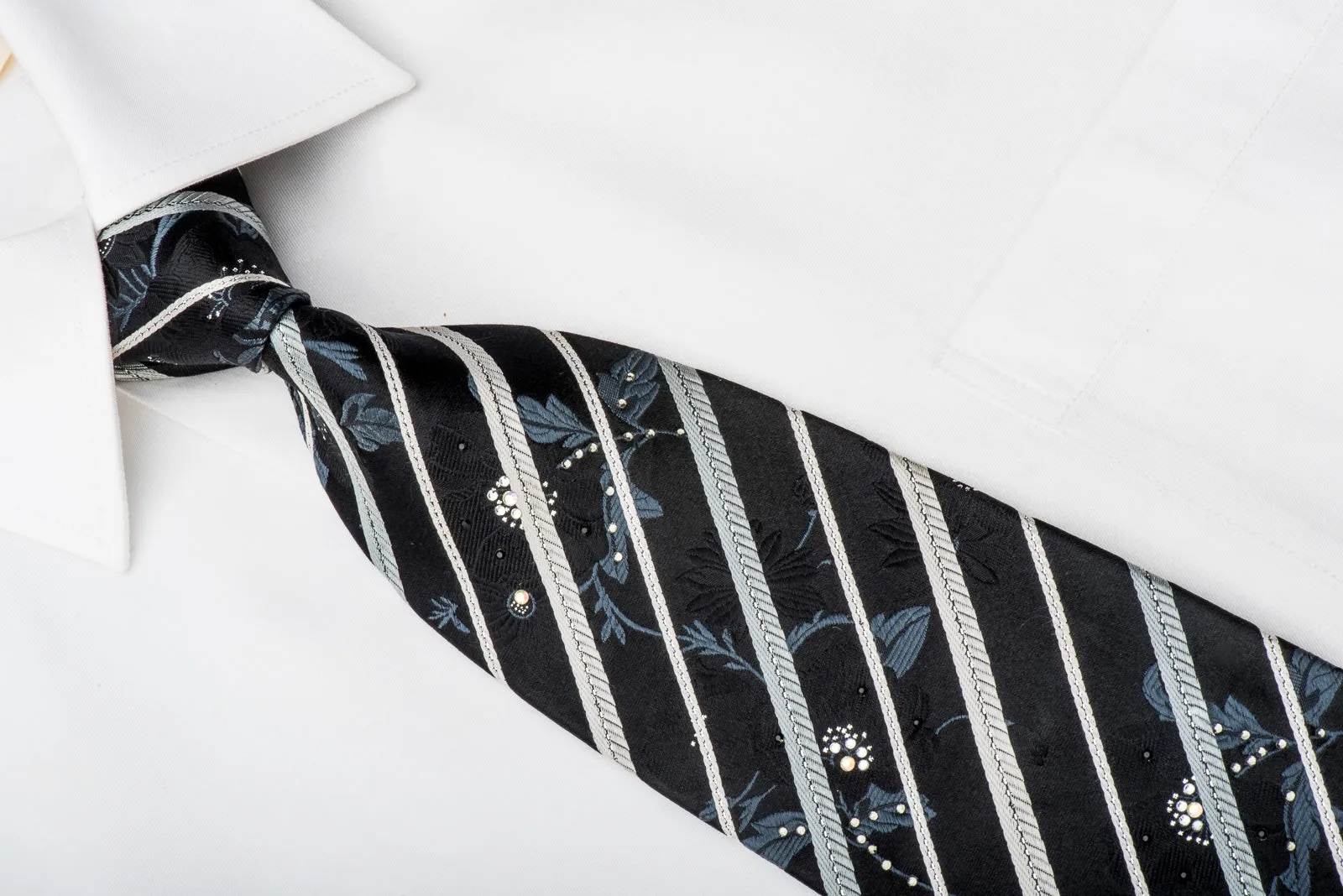 Indian Homme Rhinestone Tie Silver Stripes & Floral On Black With Sparkles