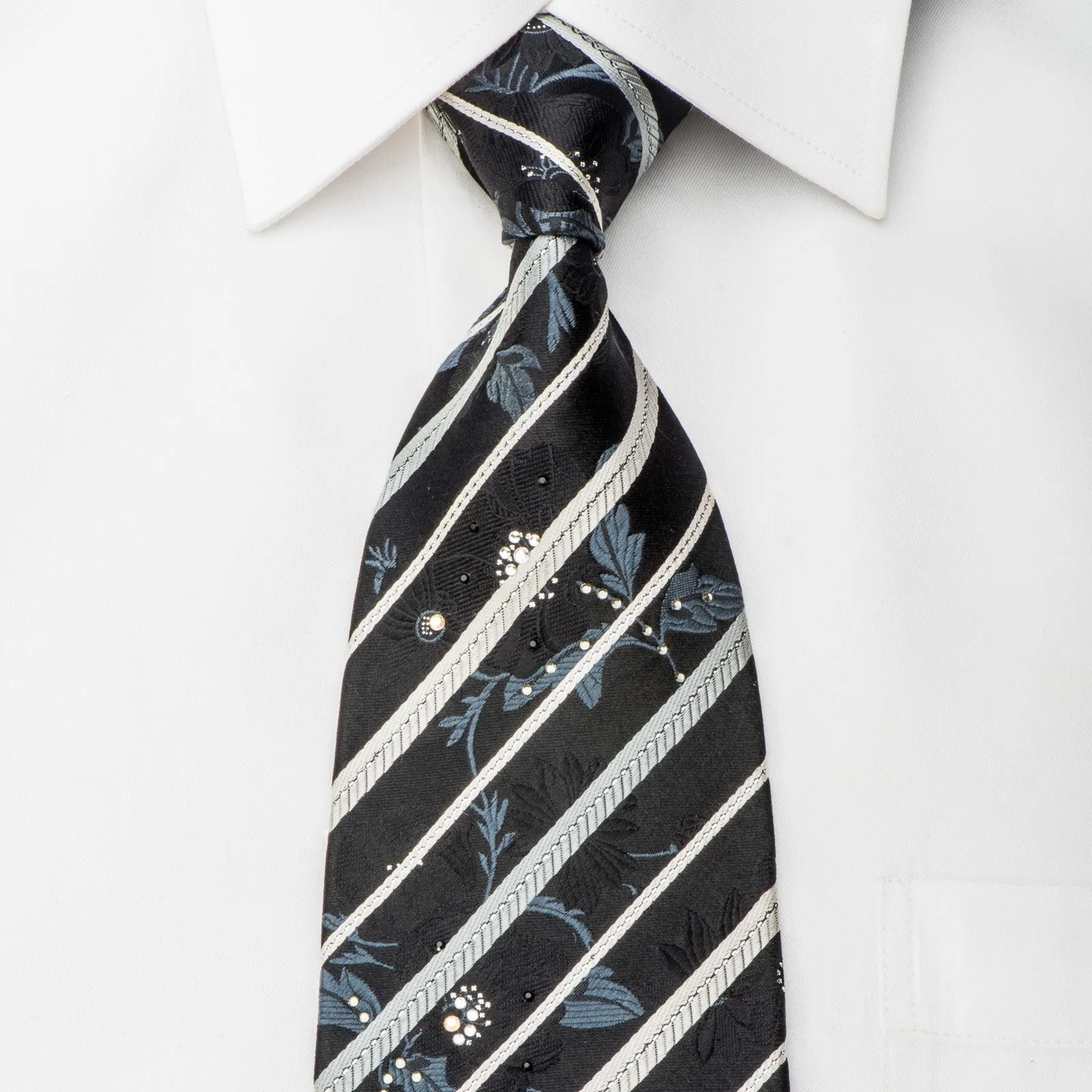 Indian Homme Rhinestone Tie Silver Stripes & Floral On Black With Sparkles