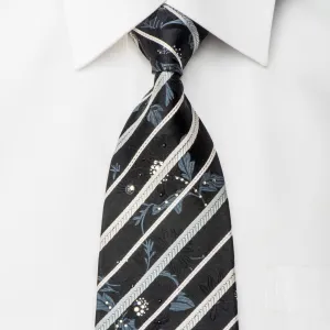 Indian Homme Rhinestone Tie Silver Stripes & Floral On Black With Sparkles