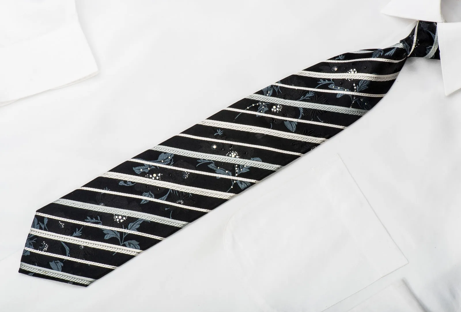 Indian Homme Rhinestone Tie Silver Stripes & Floral On Black With Sparkles