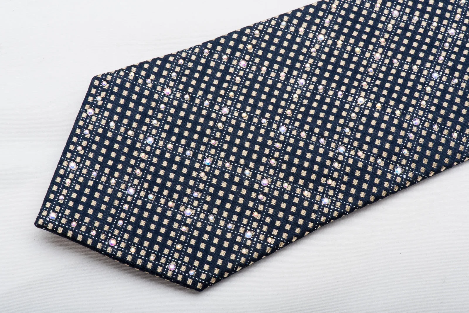 Indian Leaders Rhinestone Tie Gold Checker On Navy Silk With Silver Sparkles