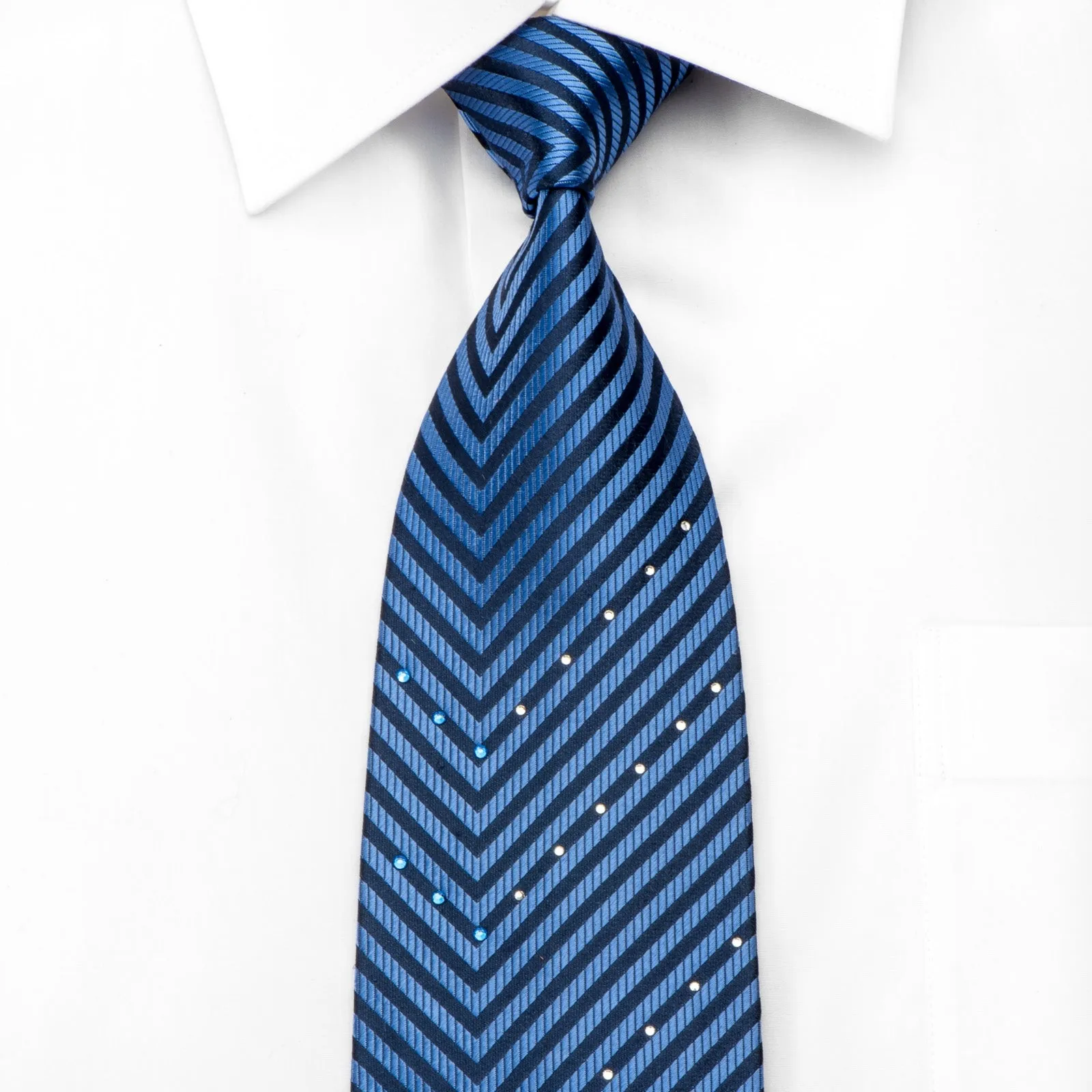 Intercrew Men's Silk Necktie V-Striped on Blue Sparkling With Rhinestones