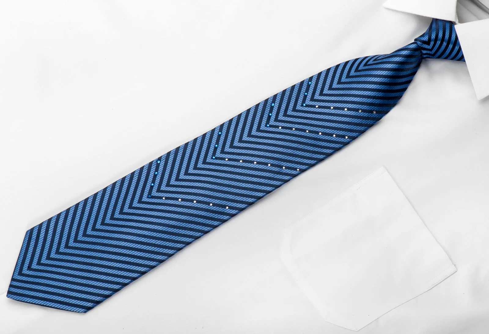 Intercrew Men's Silk Necktie V-Striped on Blue Sparkling With Rhinestones