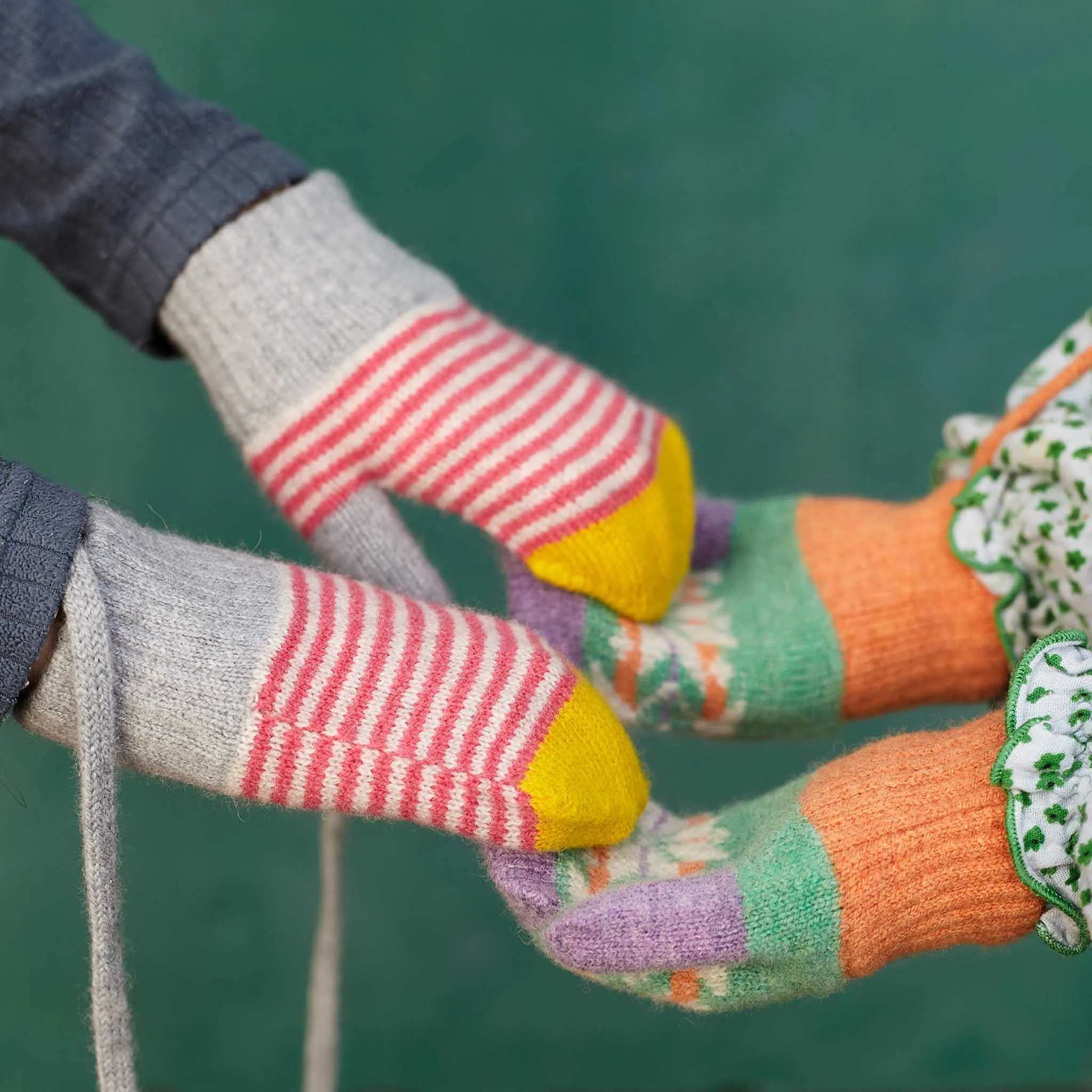 Kids' Bright Pink Stripe Lambswool Mittens on a String