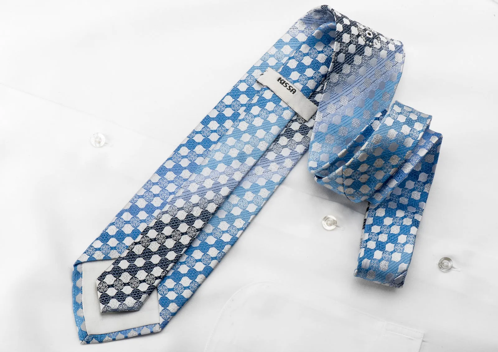 Kissa Men's Crystal Rhinestone Necktie Blue Checkered With Silver Sparkles