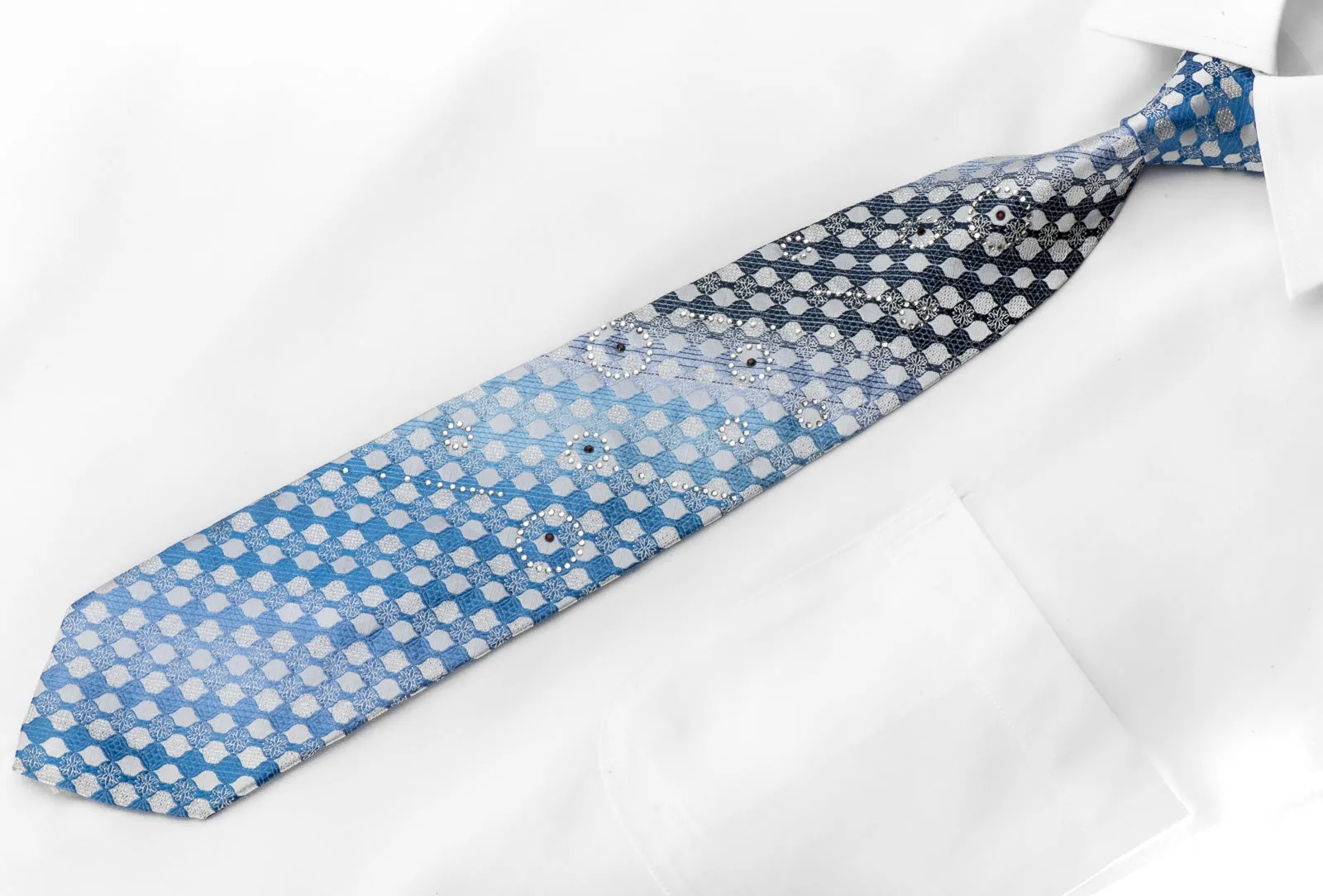 Kissa Men's Crystal Rhinestone Necktie Blue Checkered With Silver Sparkles