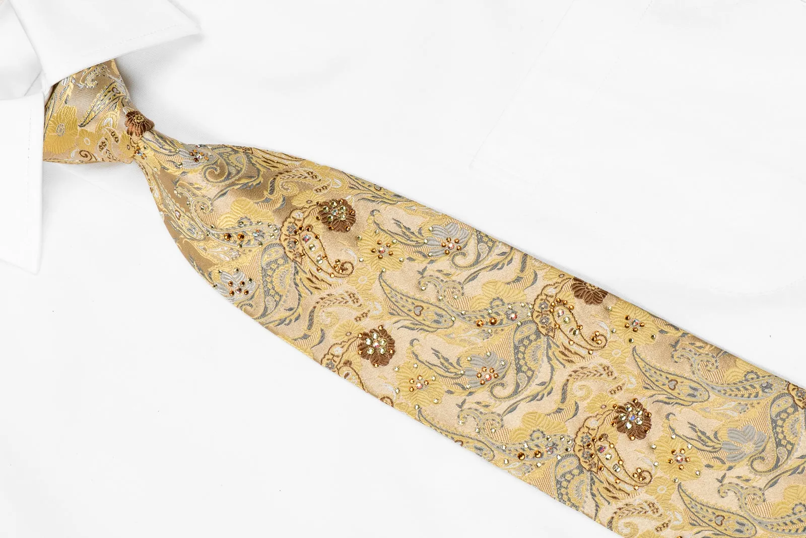 Lancetti Mens Crystal Necktie Paisley On Gold Sparkling With Rhinestones