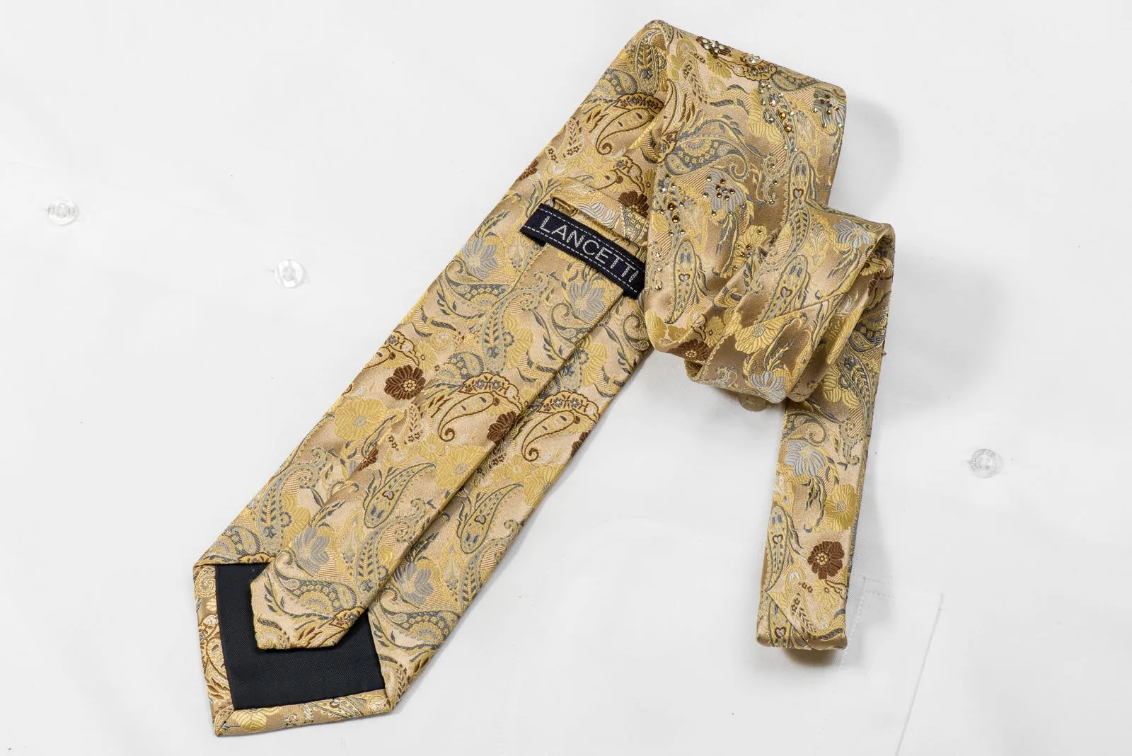 Lancetti Mens Crystal Necktie Paisley On Gold Sparkling With Rhinestones