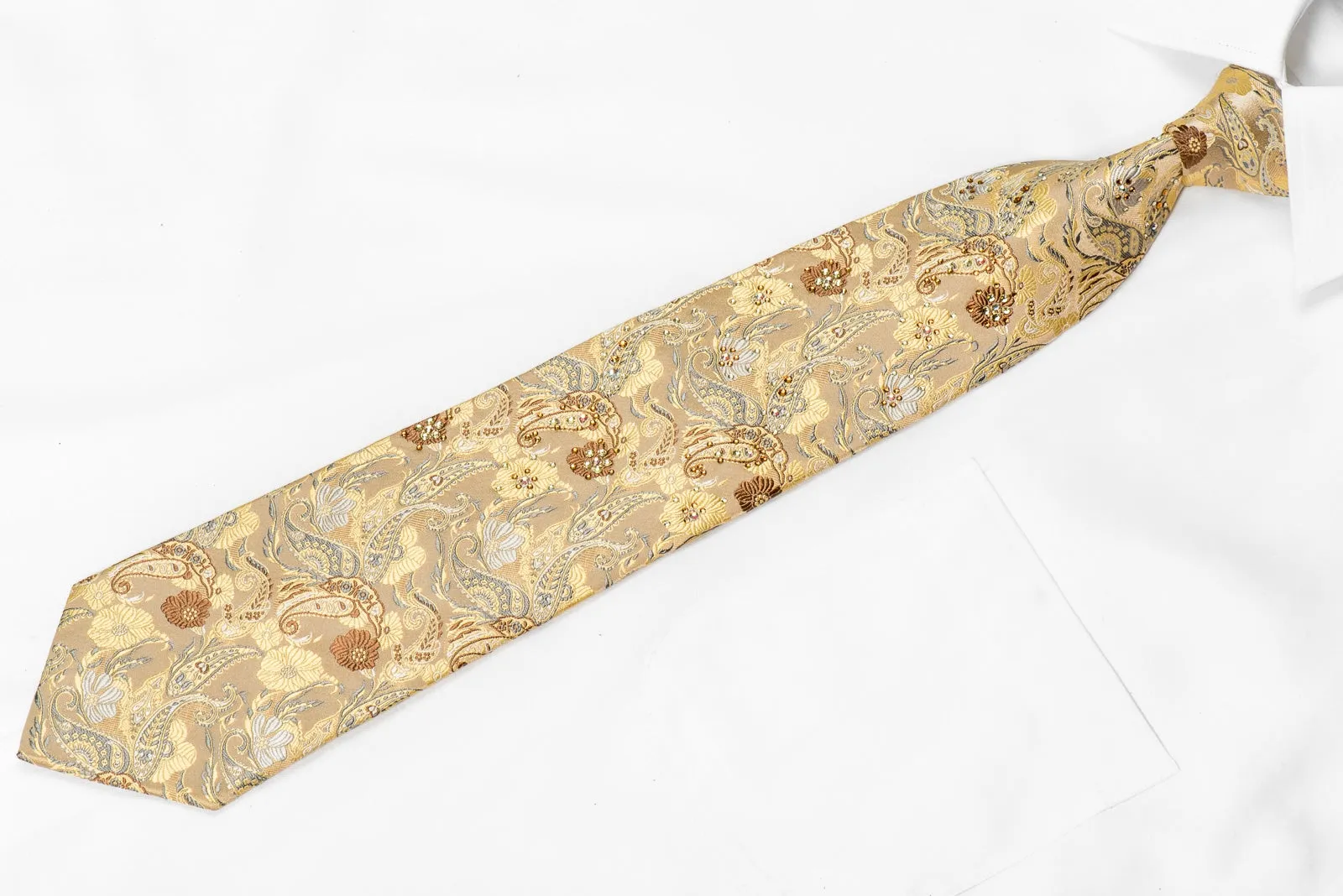 Lancetti Mens Crystal Necktie Paisley On Gold Sparkling With Rhinestones