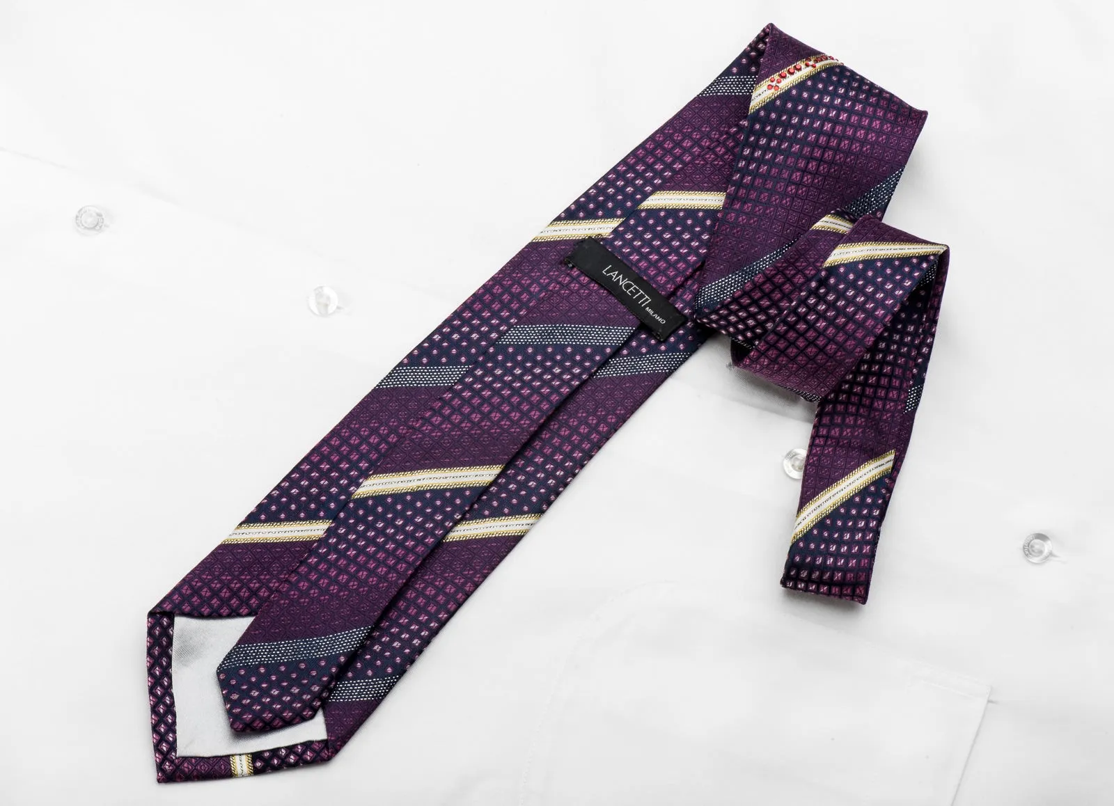 Lancetti Men's Crystal Rhinestone Silk Necktie Striped On Purple With Sparkles