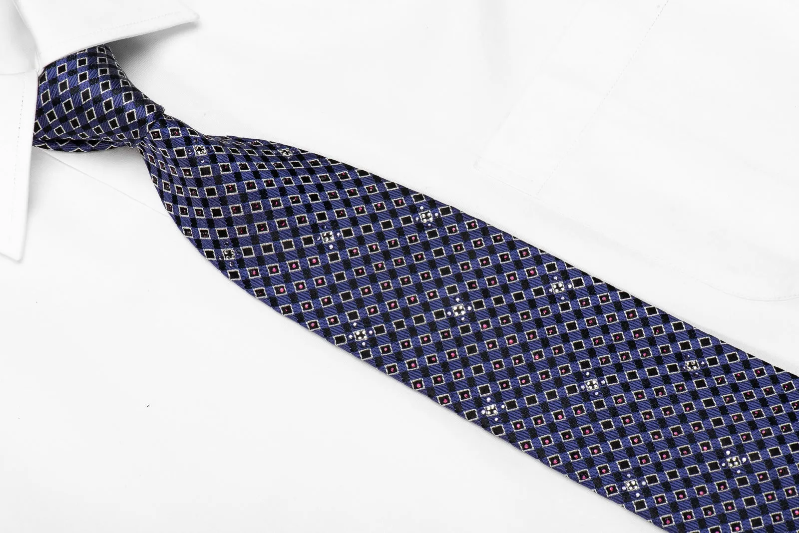 Lancetti Men's Crystal Silk Necktie Blue Purple Checkered Sparkling With Rhinestones