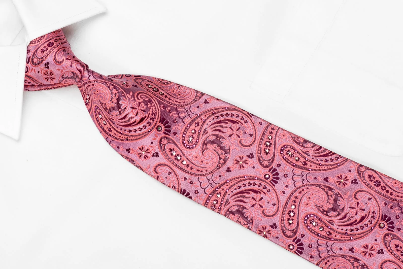 Lancetti Men's Crystal Silk Tie Paisley Anthemion On Pink Sparkling With Rhinestones