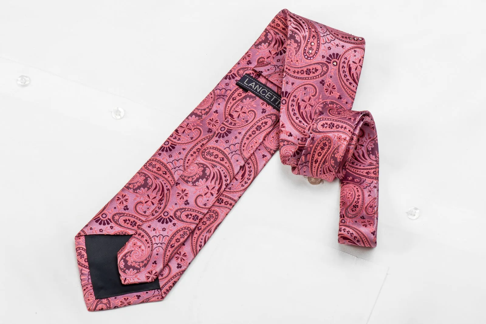 Lancetti Men's Crystal Silk Tie Paisley Anthemion On Pink Sparkling With Rhinestones