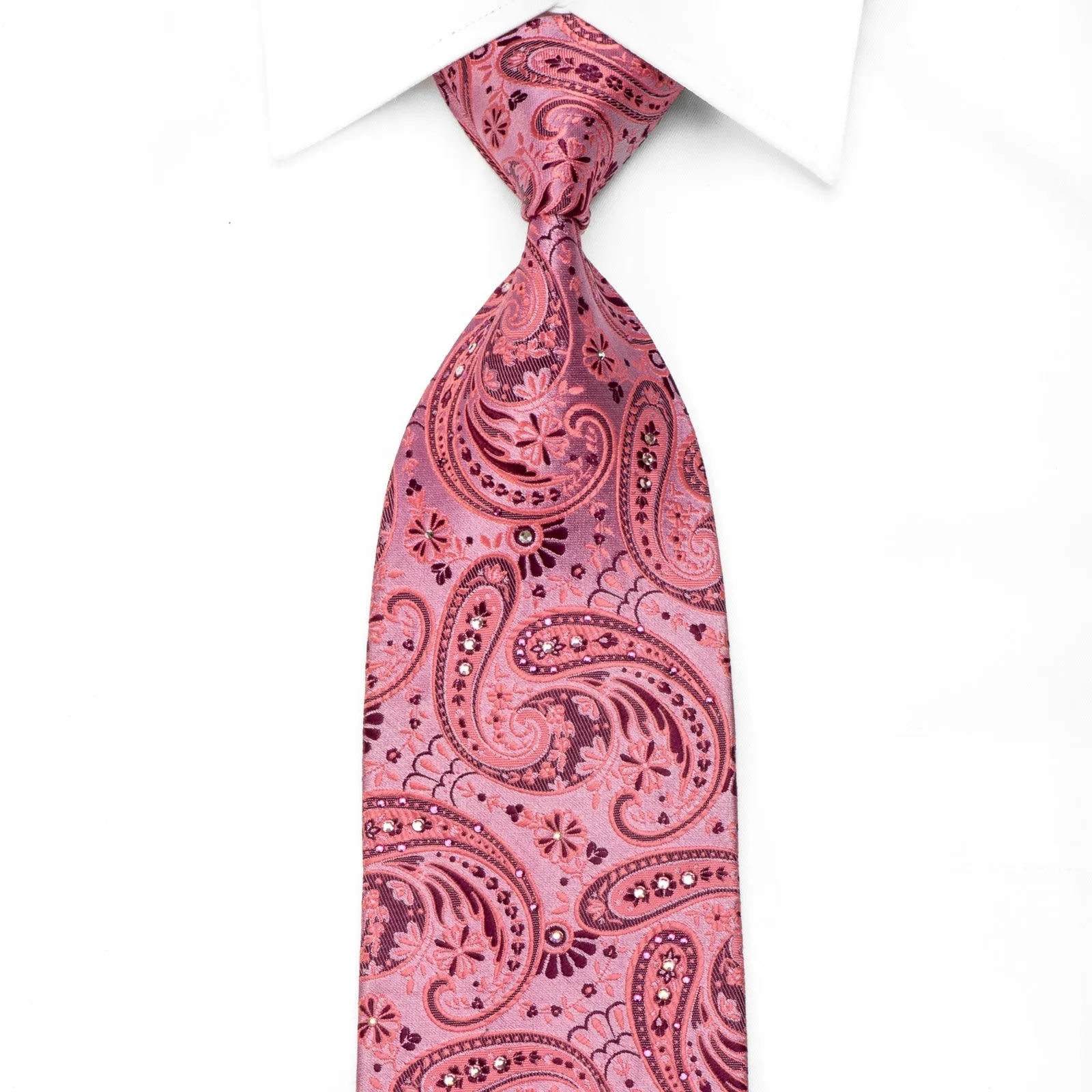 Lancetti Men's Crystal Silk Tie Paisley Anthemion On Pink Sparkling With Rhinestones