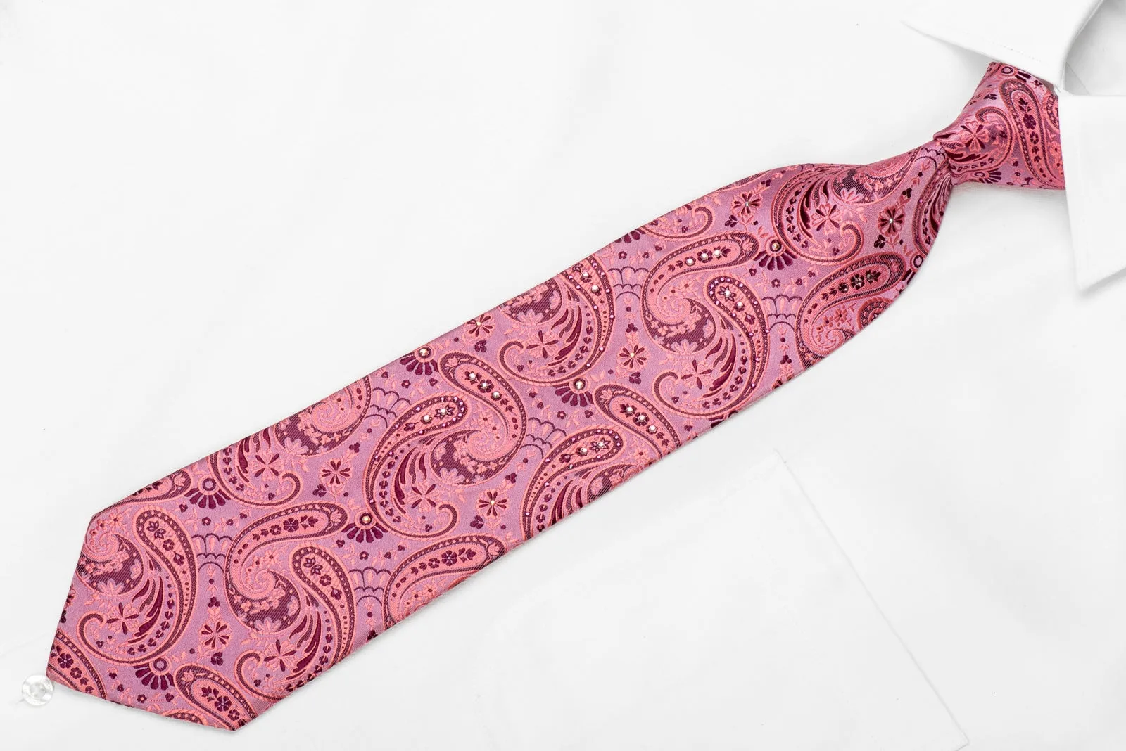 Lancetti Men's Crystal Silk Tie Paisley Anthemion On Pink Sparkling With Rhinestones